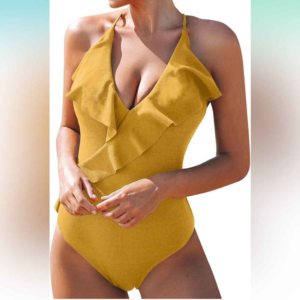 Cupshe Mustard Yellow Ruffled One-Piece Swimsuit